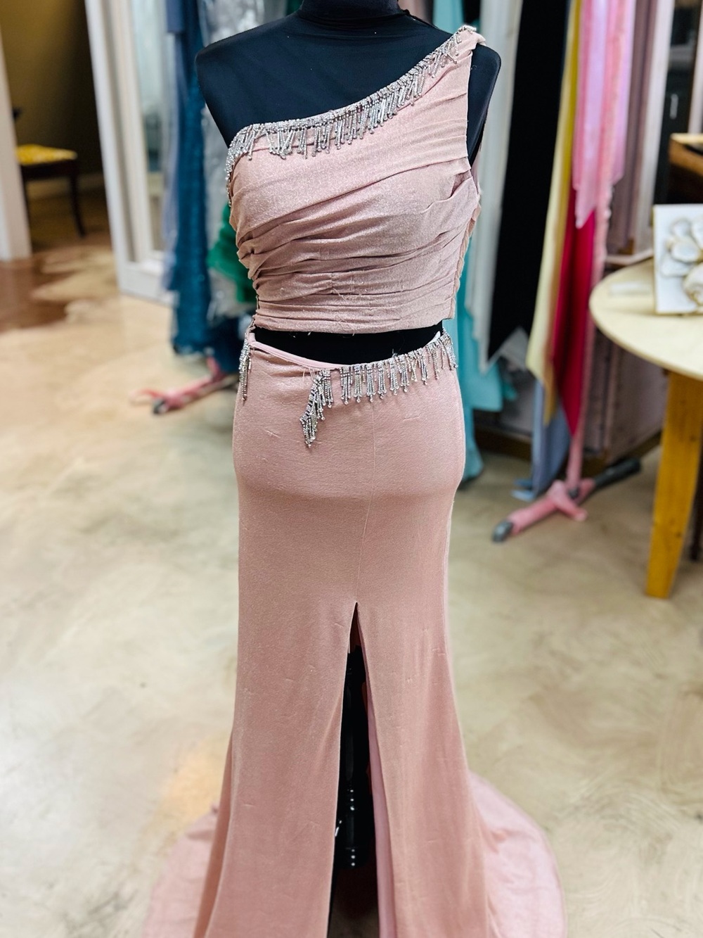 One-Shoulder Blush Prom Gown with Beaded Fringe